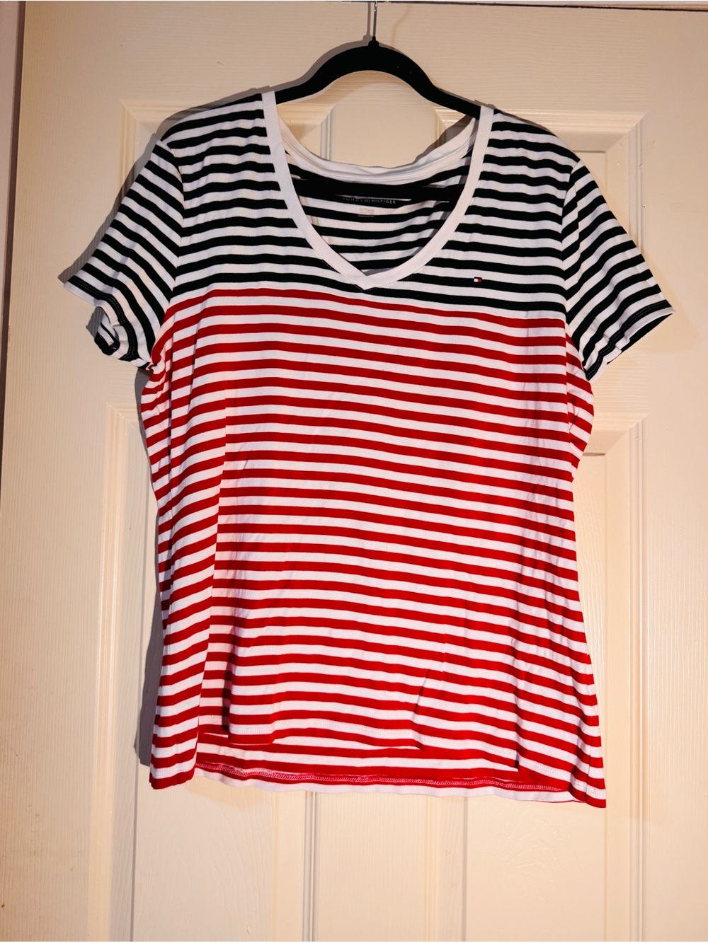 Tommy Hilfiger Red, Black & White Striped V-Neck Tee XL